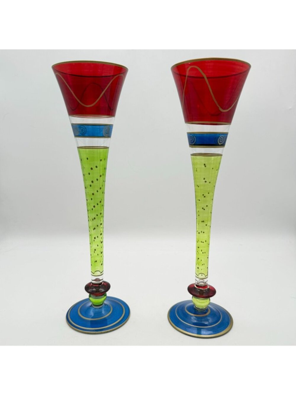 Vtg Pier 1 Handpainted Fluted Champagne Glasses (2) Vibrant Design 10" Tall
